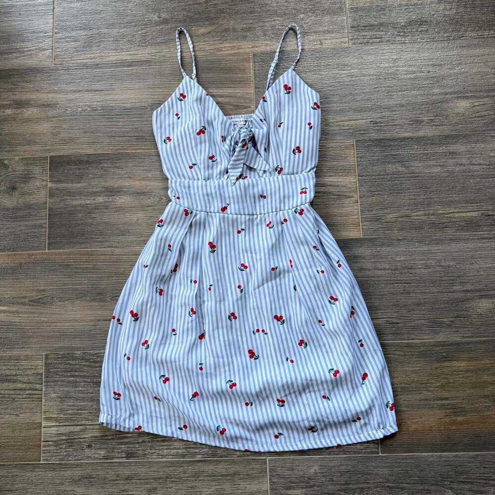 Coquette it girl cherry white/blue striped dress with padding adjustable